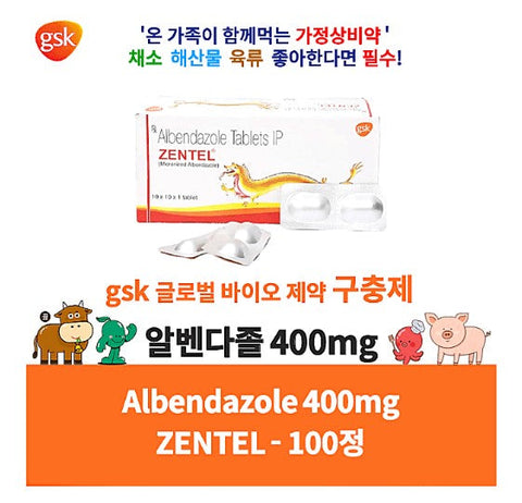 ⭐️ 구충제 알벤다졸 400mg⭐️ 100정 대용량 ⭐️기생충 회충약 이버멕틴 ⭐️ 무료배송 ⭐️ ALBENDAZOLE ⭐️ZENTEL⭐️GSK